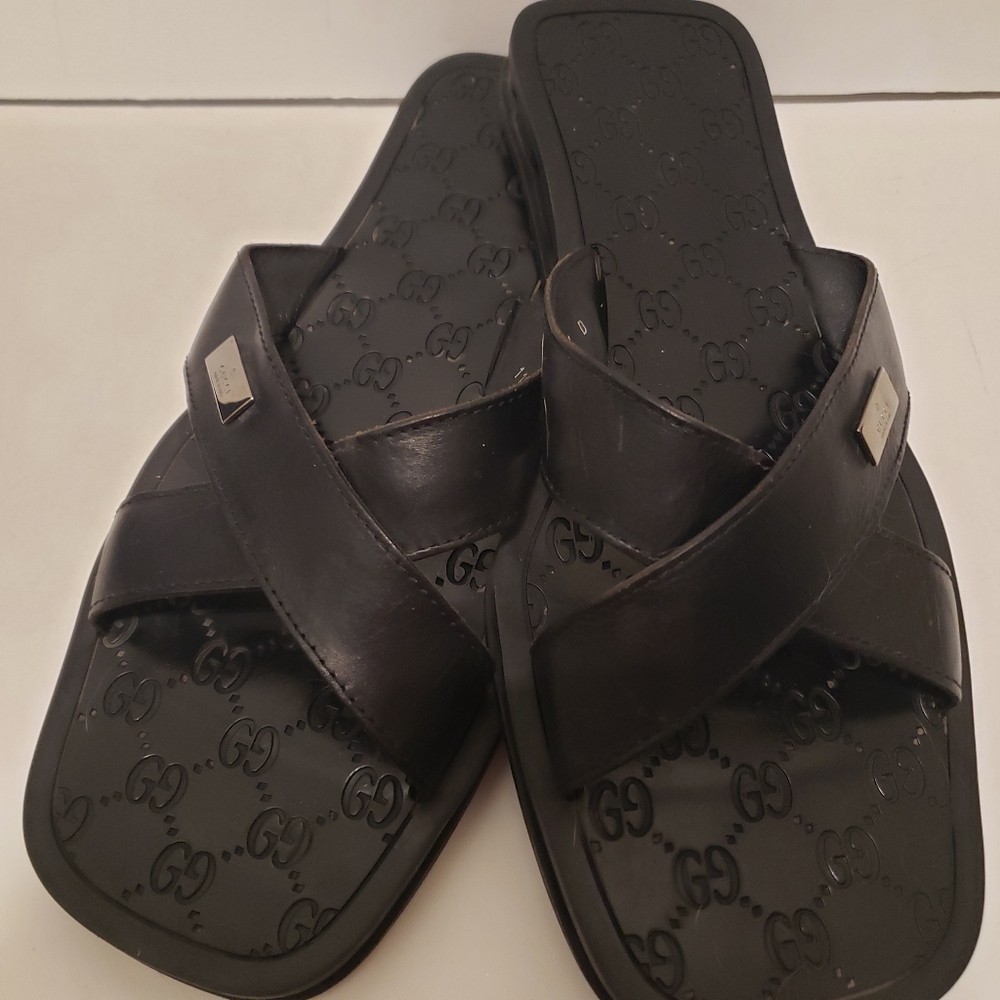 Double G Mens Black Leather and Rubber Flip Flops Sz 7 D